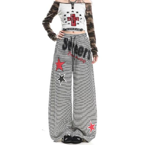 Original quality plush letter print striped women's loose lazy drape lined lined wide-leg knife-cut casual pants