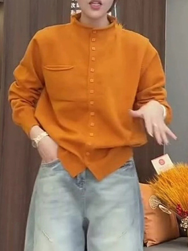 Plus-size, curvy women's stand-collar single-breasted long-sleeved knitted sweater—2025 autumn/winter casual loose-fitting age-reducing sweater jacket for women