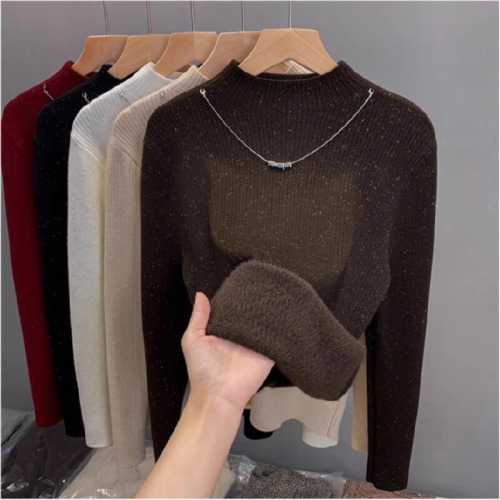 Lustrous seamless half-sleeve women's sweater with extra warm and thick crew neck base layer top 2025 autumn/winter new knitwear fashion top