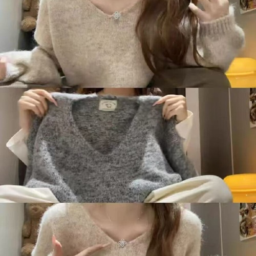Korean-style lazy fashion crew neck V-neck knitted sweater for women, suitable for autumn and winter, with a temperament of soft and loose, as an inner layer base shirt top.