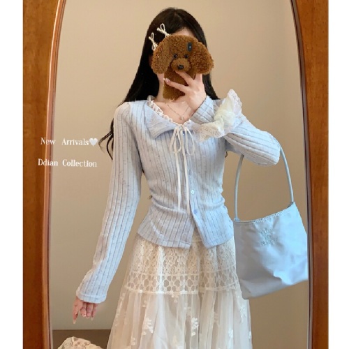 Pure Desire Blue Lace Edge False Two-Piece Long-Sleeve T-Shirt for Women Autumn/Winter Fitted Striped Base Shirt