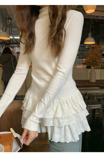 Official Image 2025 New Half-Neck Long-Sleeve T-Shirt Cupcake Skirt Fitted Lace Edge Top for Underwear