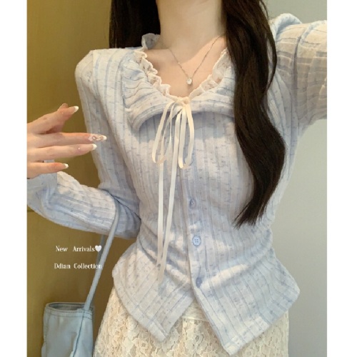 Pure Desire Blue Lace Edge False Two-Piece Long-Sleeve T-Shirt for Women Autumn/Winter Fitted Striped Base Shirt