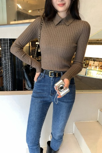 Photo-realistic image, old money style, coffee-colored polo collar slim-fit crew neck knit top for women, autumn and winter POLO shirt top