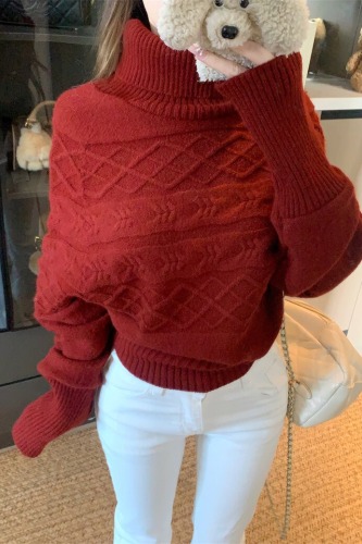 Photographed Embroidered Batwing Sleeve Hooded Sweater for Women, High Collar Slimming Waist Top, Relaxed and Slender Knitwear