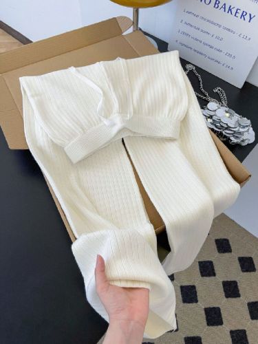 Shot~Flowy Soft & Chewy Drawstring Knit Wide Leg Pants for Women Autumn/Winter High-Waist Petite Striped Straight Leg Long Pants