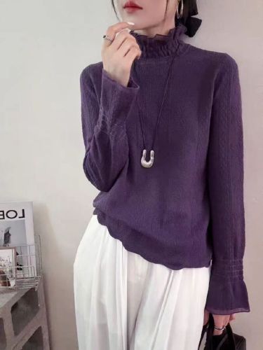 Autumn/Winter 60-ply Super-Simulated Chiffon Mulberry Silk Wool Blend Lace Trim Bodysuit