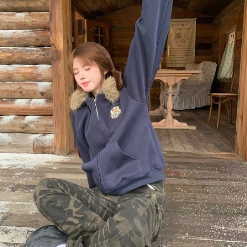 Nail this item!! Bear ear hooded fur collar coat for autumn and winter casual zipper sweater design loose hoodie style