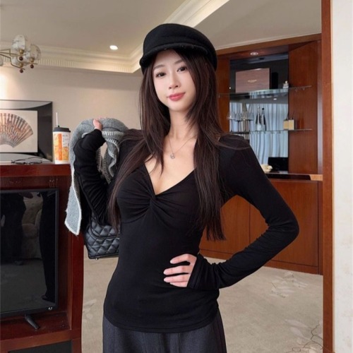 1*1 Customizable Brushed Fabric 260g Pure Seductive Style V-Neck Knotted Pleated Long-Sleeved Base Shirt Top