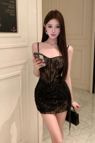 Photographed Hot Girl Shiny Spaghetti Strap Bodycon A-Line Mini Dress