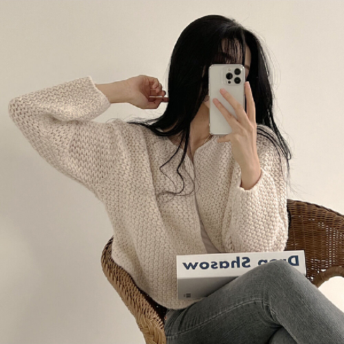 Nurse Hoo Hooded Sweatshirt Coat Korean Style Lazy Wind Solid Color Versatile Short Bubble Sleeve Unbuttoned Knit Cardigan Sweater