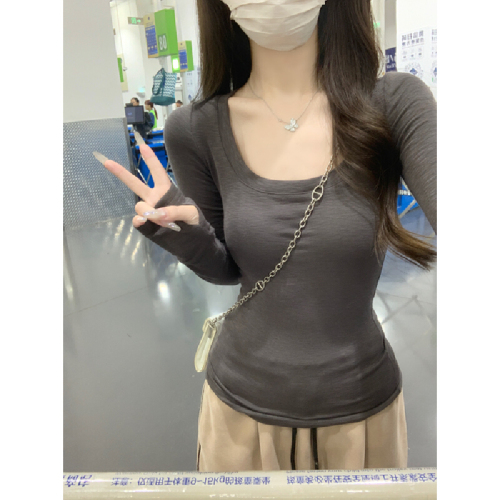Photographed Autumn/Winter Korean Style Pure Desire Slimming Collarless Elegant Long-Sleeved T-Shirt Base Top Women's Shirt