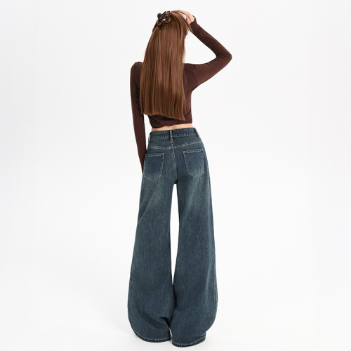 Shot~2025 Autumn/Winter New Korean Vintage Wide Leg Jeans for Women, New High-Waisted Slimming Sheer Loose Ins