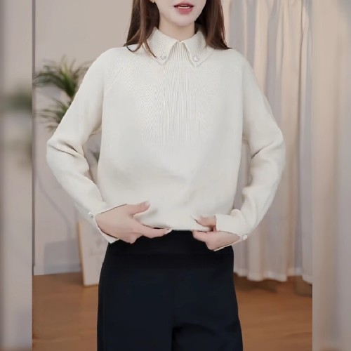 Chic Sheer Lace Collar Design Sensory Minimalist Solid Color Knit Top 2025 Trendy Knit Sweater for Women