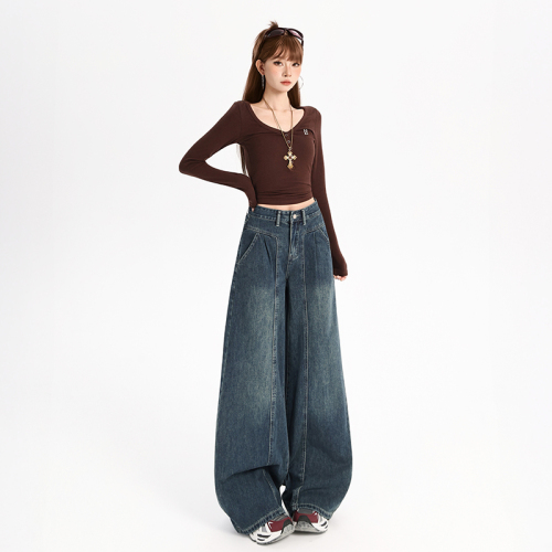 Shot~2025 Autumn/Winter New Korean Vintage Wide Leg Jeans for Women, New High-Waisted Slimming Sheer Loose Ins