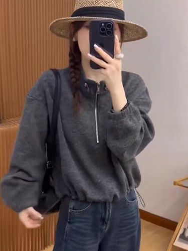 Korean-style design half-zip stand-collar sweatshirt for women, 2025 autumn new arrival—versatile, slimming, youthful, and stylish top.