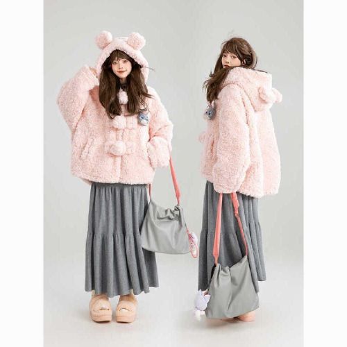 Sweet-pink hooded cashmere wool coat for women - winter new soft and fluffy casual lazy-style fuzzy top, Instagram style