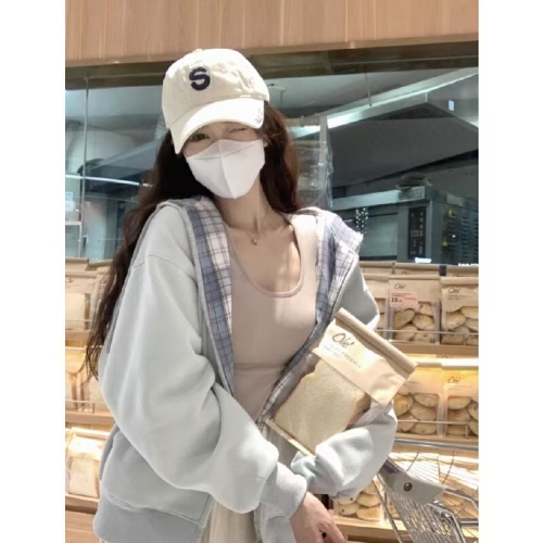 New trendy Korean lazy style soft and fluffy zipper lined checkered women's autumn small figure American style hoodie fashion