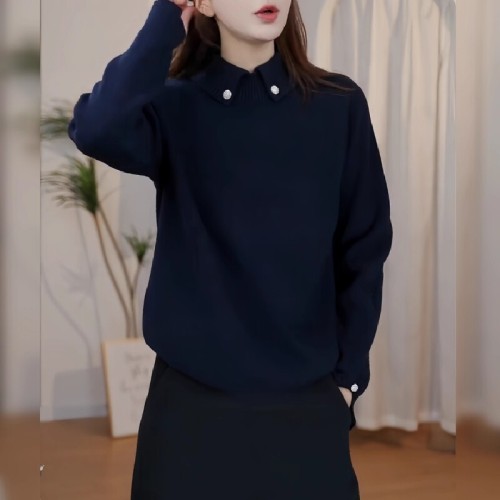 Chic Sheer Lace Collar Design Sensory Minimalist Solid Color Knit Top 2025 Trendy Knit Sweater for Women