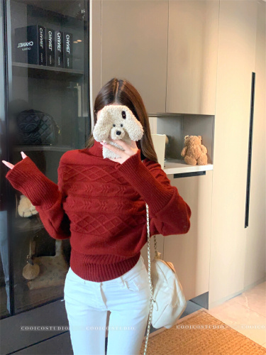 Photographed Embroidered Batwing Sleeve Hooded Sweater for Women, High Collar Slimming Waist Top, Relaxed and Slender Knitwear