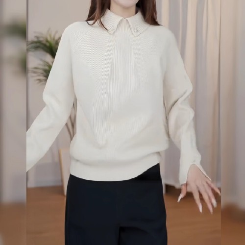 Chic Sheer Lace Collar Design Sensory Minimalist Solid Color Knit Top 2025 Trendy Knit Sweater for Women