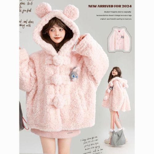 Sweet-pink hooded cashmere wool coat for women - winter new soft and fluffy casual lazy-style fuzzy top, Instagram style