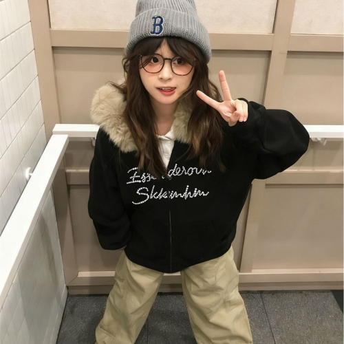 Cotton & Bamboo Blend + Original Crafted Beaded Hooded Sweatshirt for Women - Autumn/Winter Loose Fleece Lined Cardigan Jacket