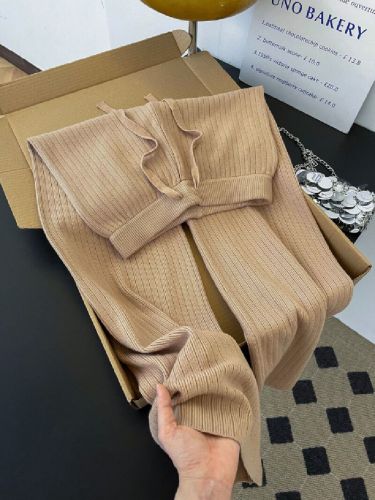 Shot~Flowy Soft & Chewy Drawstring Knit Wide Leg Pants for Women Autumn/Winter High-Waist Petite Striped Straight Leg Long Pants