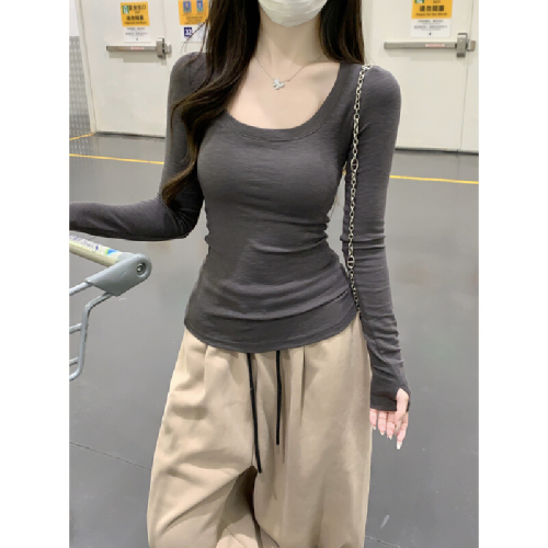Photographed Autumn/Winter Korean Style Pure Desire Slimming Collarless Elegant Long-Sleeved T-Shirt Base Top Women's Shirt