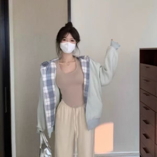 New trendy Korean lazy style soft and fluffy zipper lined checkered women's autumn small figure American style hoodie fashion