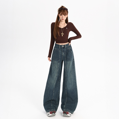 Shot~2025 Autumn/Winter New Korean Vintage Wide Leg Jeans for Women, New High-Waisted Slimming Sheer Loose Ins