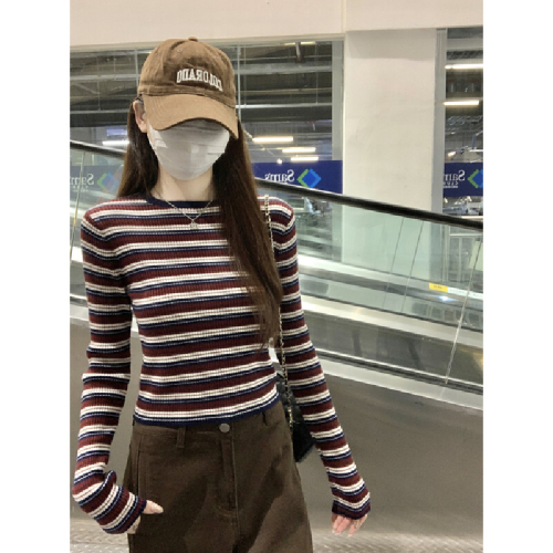 Real-shot autumn/winter Korean-style slim-fit spicy-girl contrast-color striped crewneck 6-wool inner knit sweater bottoming sweater