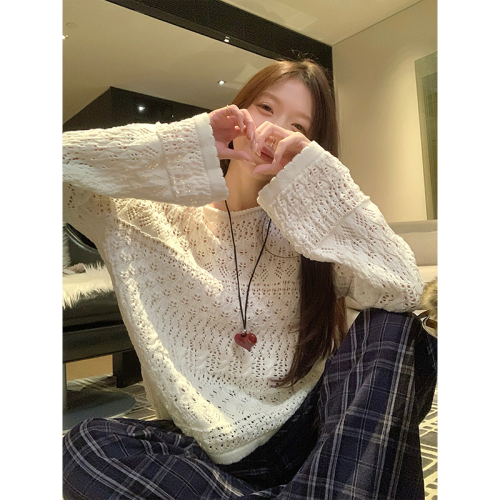 Real shot. Designer-style off-shoulder hollow-out knit sweater for women—long-sleeved, slim-fit base layer sweater that looks amazing when worn as an inner top!