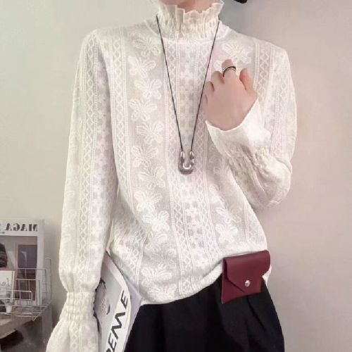 Autumn/Winter 60-ply Super-Simulated Chiffon Mulberry Silk Wool Blend Lace Trim Bodysuit