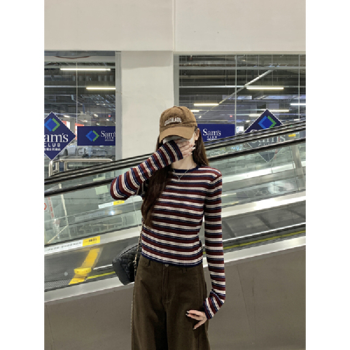 Real-shot autumn/winter Korean-style slim-fit spicy-girl contrast-color striped crewneck 6-wool inner knit sweater bottoming sweater