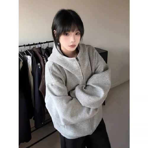 American Heavy Grey Zipper Sweatshirt for Men and Women, Autumn/Winter 2025 Fashion Hooded Sweatshirt Coat Top