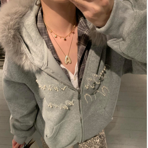 Cotton & Bamboo Blend + Original Crafted Beaded Hooded Sweatshirt for Women - Autumn/Winter Loose Fleece Lined Cardigan Jacket