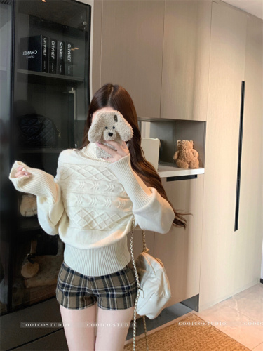 Photographed Embroidered Batwing Sleeve Hooded Sweater for Women, High Collar Slimming Waist Top, Relaxed and Slender Knitwear