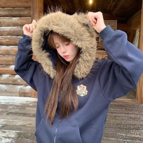 Nail this item!! Bear ear hooded fur collar coat for autumn and winter casual zipper sweater design loose hoodie style