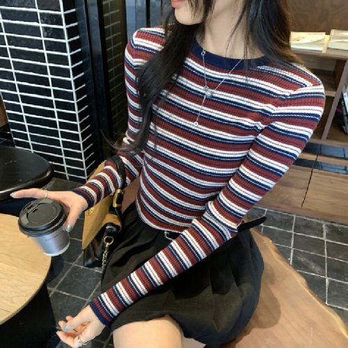 Photographed Image Korean Style Short-Sleeve Striped Wool Knit Base Shirt for Women Autumn/Winter 2025 New Arrival Top for Unique Layering