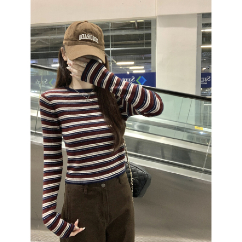 Real-shot autumn/winter Korean-style slim-fit spicy-girl contrast-color striped crewneck 6-wool inner knit sweater bottoming sweater