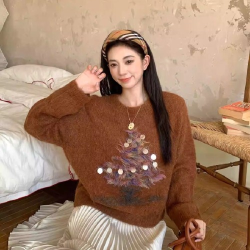Women's Winter 2025 New Arrival Silk-Sheen Spun Yarn Embellished Cashmere Knit Top with Sequins