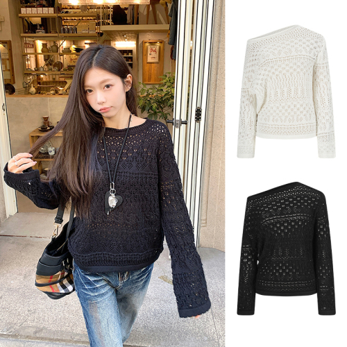 Real shot. Designer-style off-shoulder hollow-out knit sweater for women—long-sleeved, slim-fit base layer sweater that looks amazing when worn as an inner top!