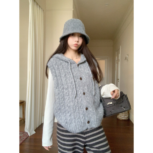 Photographed Korean style casual versatile loose hooded jute pattern sleeveless knit vest cardigan sweater