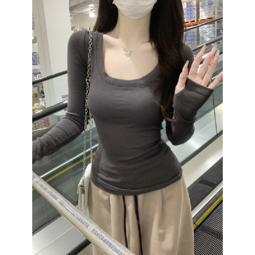 Photographed Autumn/Winter Korean Style Pure Desire Slimming Collarless Elegant Long-Sleeved T-Shirt Base Top Women's Shirt