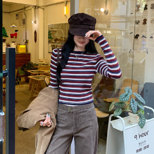 Photographed Image Korean Style Short-Sleeve Striped Wool Knit Base Shirt for Women Autumn/Winter 2025 New Arrival Top for Unique Layering