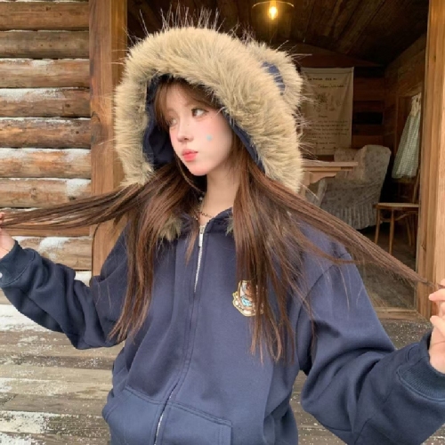 Nail this item!! Bear ear hooded fur collar coat for autumn and winter casual zipper sweater design loose hoodie style