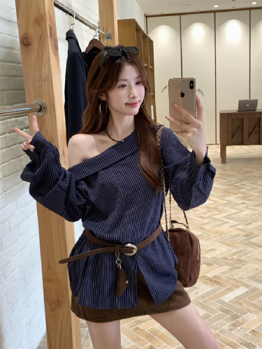 Photographed 2025 Autumn/Winter New Korean-Style Striped Shirt for Women, Sloping Collar, Shoulder-Strap, Fitted Waist Shirt with Belt