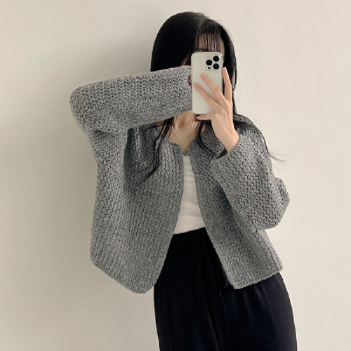 Nurse Hoo Hooded Sweatshirt Coat Korean Style Lazy Wind Solid Color Versatile Short Bubble Sleeve Unbuttoned Knit Cardigan Sweater