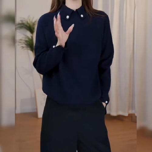 Chic Sheer Lace Collar Design Sensory Minimalist Solid Color Knit Top 2025 Trendy Knit Sweater for Women